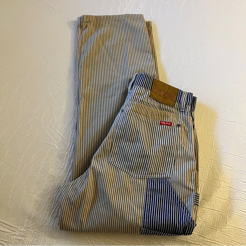 Teddy Fresh Hickory Stripe Carpenter Utility Pants Size 30 Blue White Workwear